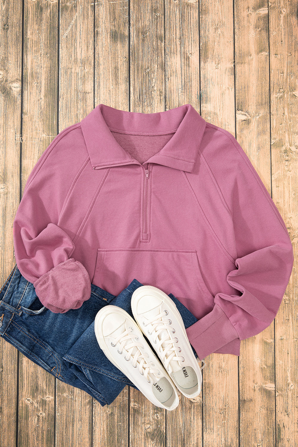 Smoke Green Quarter Zip Stand Neck Kangaroo Pocket Sweatshirt