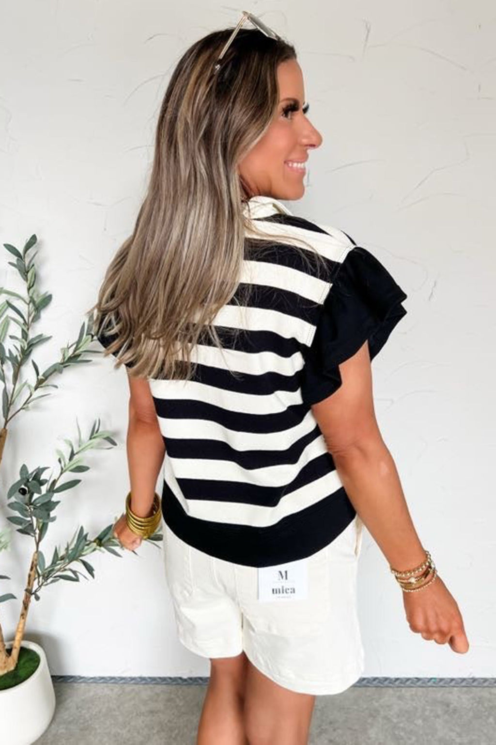 Pink Stripe Collar V Neck Ruffled Short Sleeve Blouse