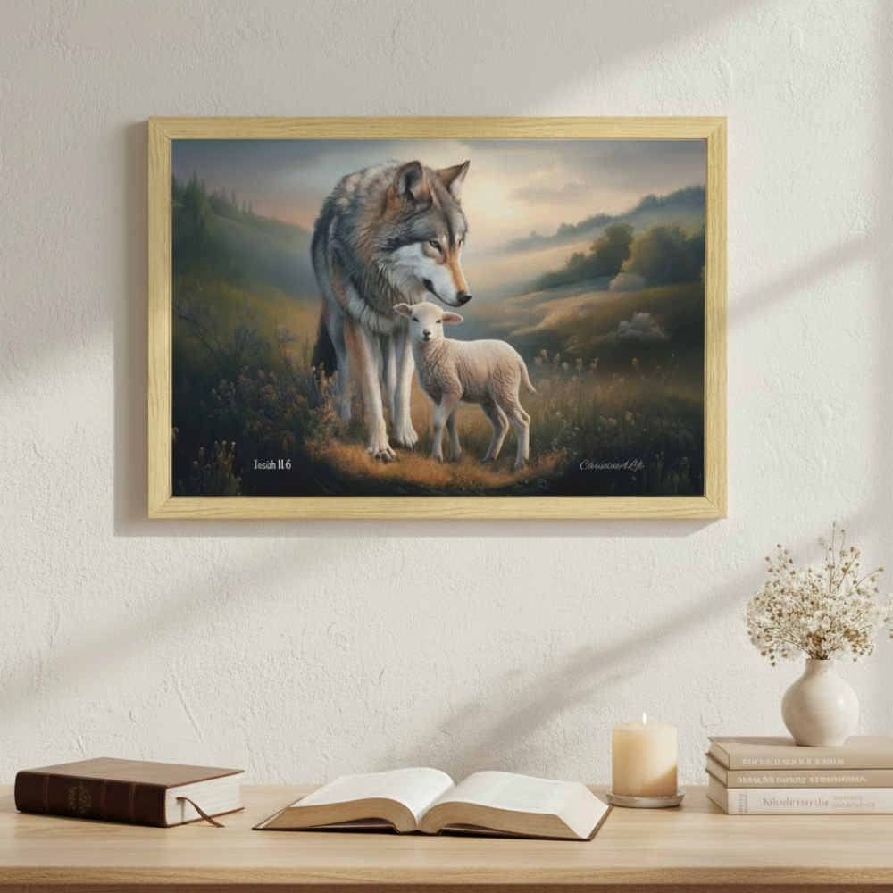 Framed - Wolf and Lamb Christian Canvas, Wooden Frame