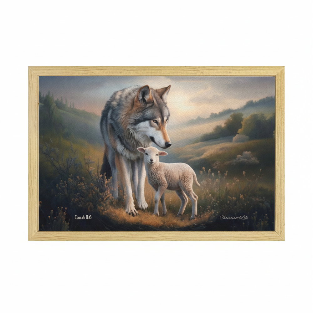 Framed - Wolf and Lamb Christian Canvas, Wooden Frame