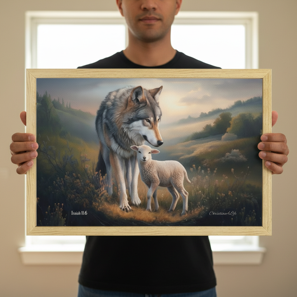 Framed - Wolf and Lamb Christian Canvas, Wooden Frame