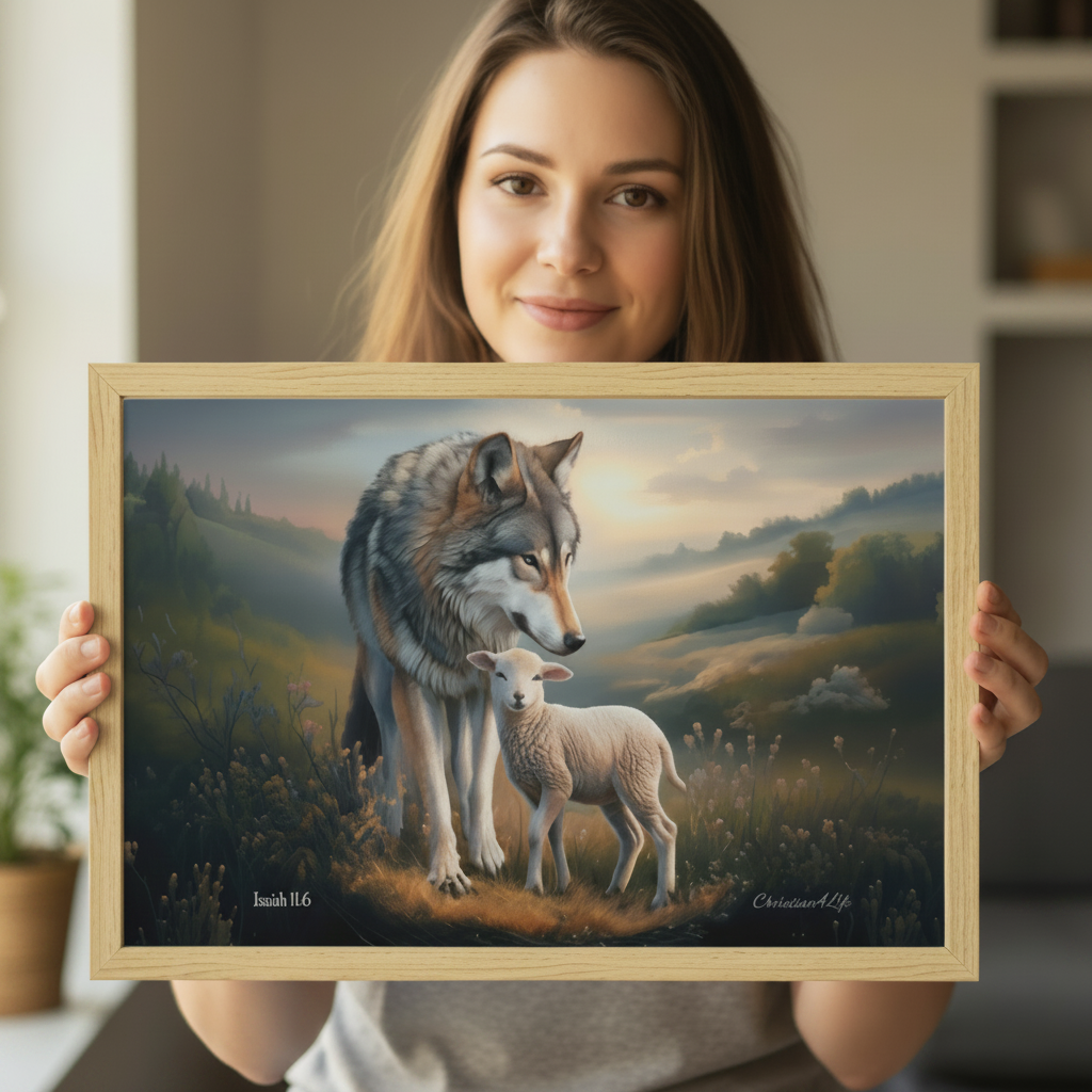 Framed - Wolf and Lamb Christian Canvas, Wooden Frame