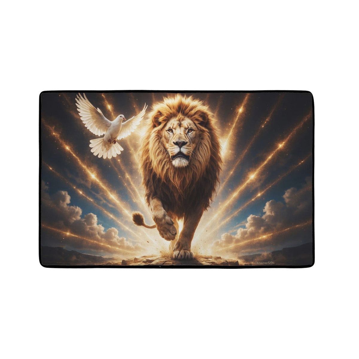 Lion of Judah and the Holy Spirit -Golden Rays and Clouds Small Area Rug with Black Binding (31"x20")