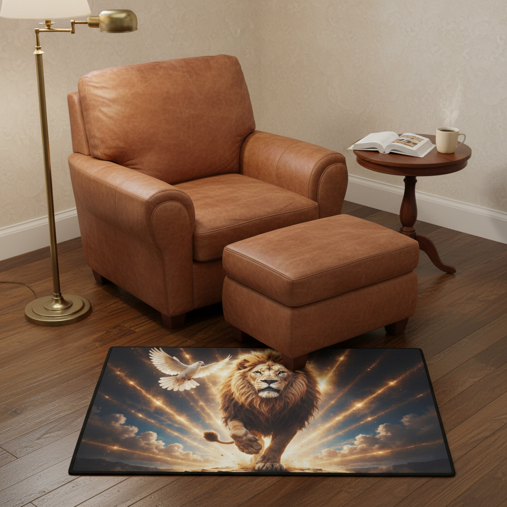 Lion of Judah and the Holy Spirit -Golden Rays and Clouds Small Area Rug with Black Binding (31"x20")