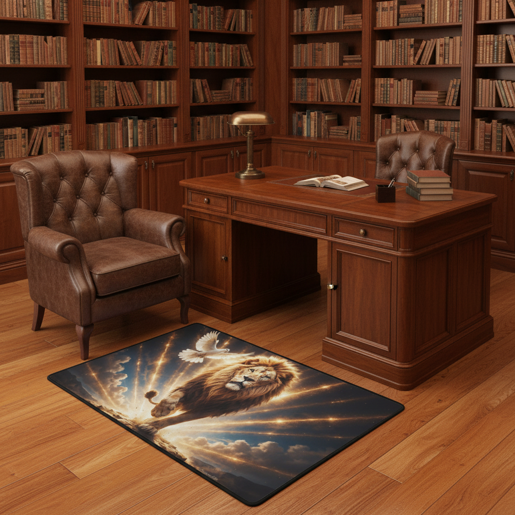 Lion of Judah and the Holy Spirit -Golden Rays and Clouds Small Area Rug with Black Binding (31"x20")
