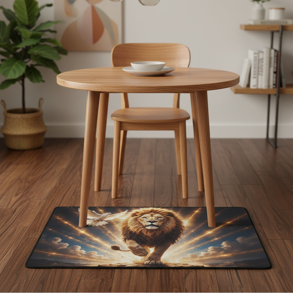 Lion of Judah and the Holy Spirit -Golden Rays and Clouds Small Area Rug with Black Binding (31"x20")
