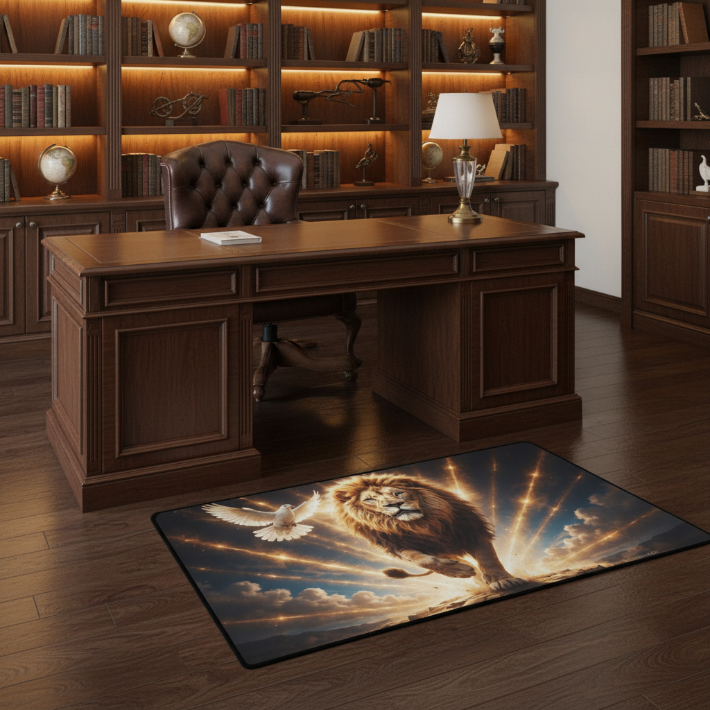 Lion of Judah and the Holy Spirit -Golden Rays and Clouds Small Area Rug with Black Binding (31"x20")