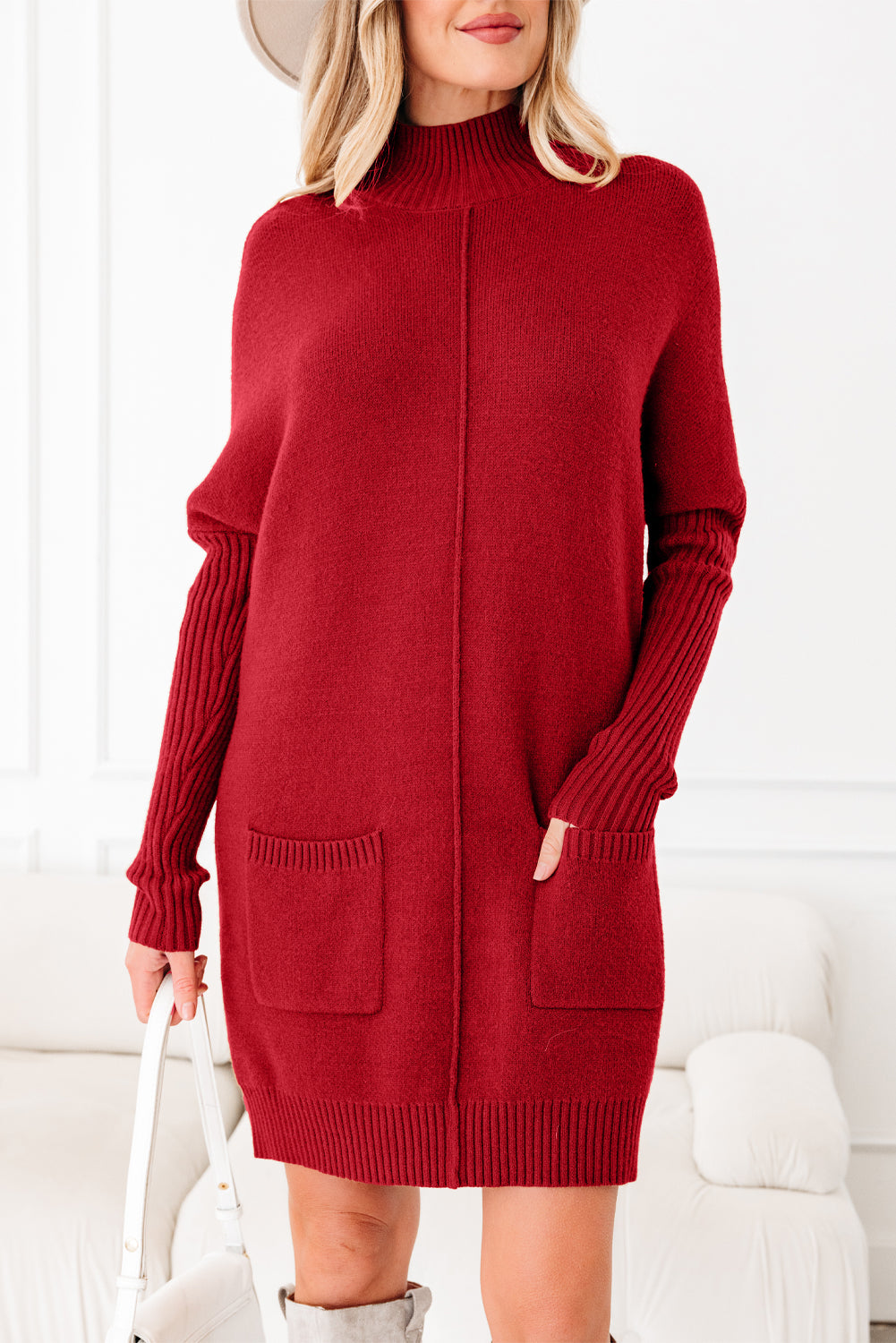 Chestnut Ribbed High Neck Front Pockets Center Seam Shift Sweater Dress