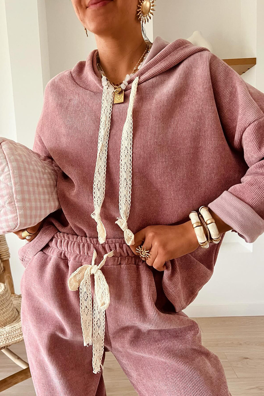 Smoke Gray Drawstring Pullover Hoodie and High Waist Pants Corduroy Suit