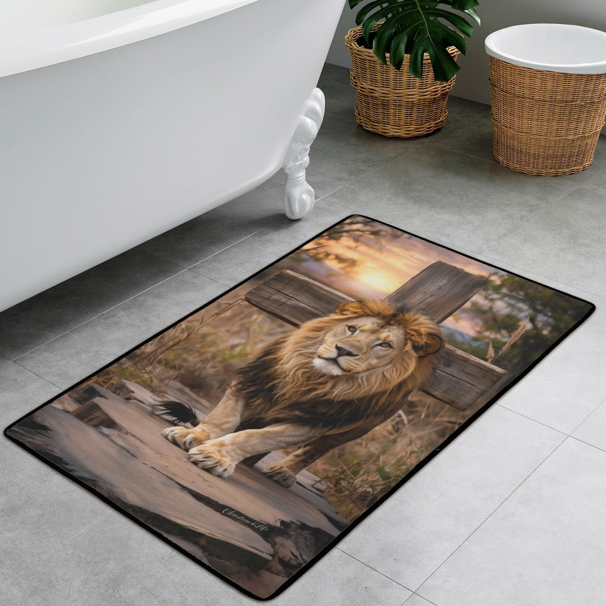 Lion of Judah, Rock and Cross - Area Rug with Black Binding 31"x20"