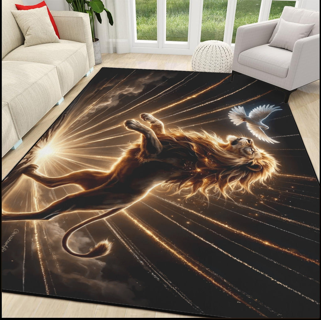 Lion of Judah and the Holy Spirit Area Rug with Golden Rays -Black Binding 84"x60"