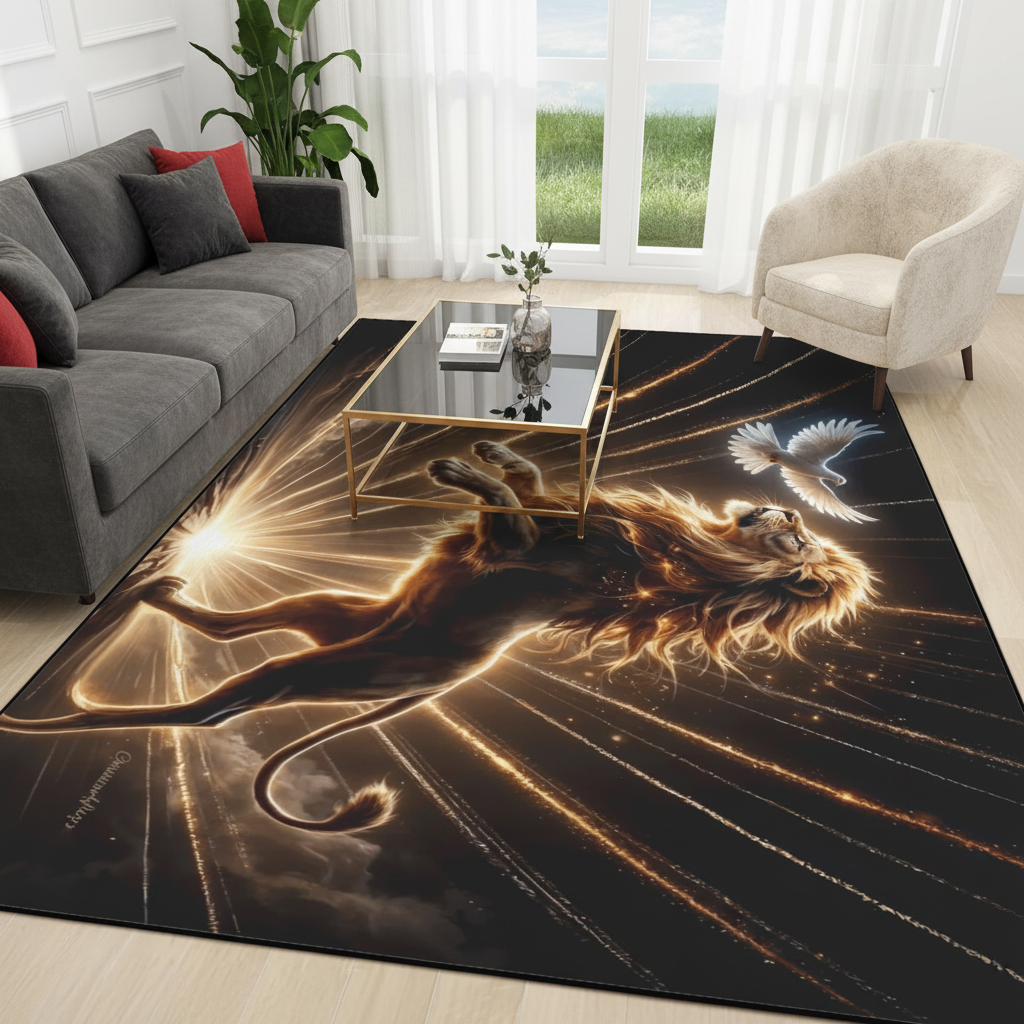 Lion of Judah and the Holy Spirit Area Rug with Golden Rays -Black Binding 84"x60"