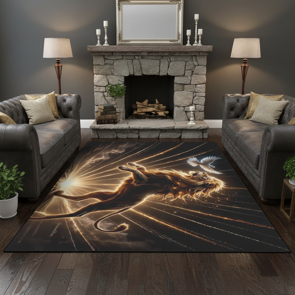 Lion of Judah and the Holy Spirit Area Rug with Golden Rays -Black Binding 84"x60"