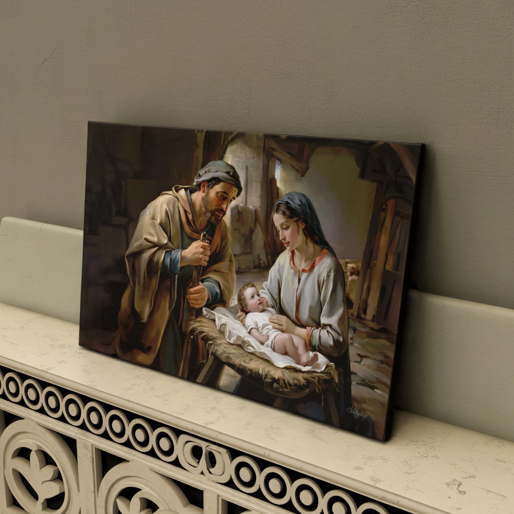 The Nativity scene of Baby Jesus, Mary and Joseph in a stable - Christian Art Canvas
