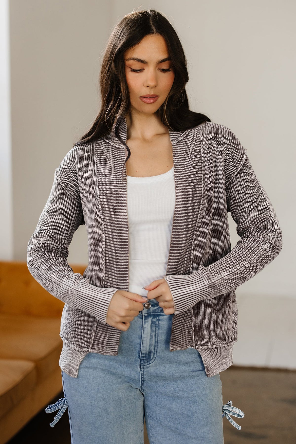 Chestnut Mineral Wash Exposed Seam Patchwork Knit Open Sweater Cardigan