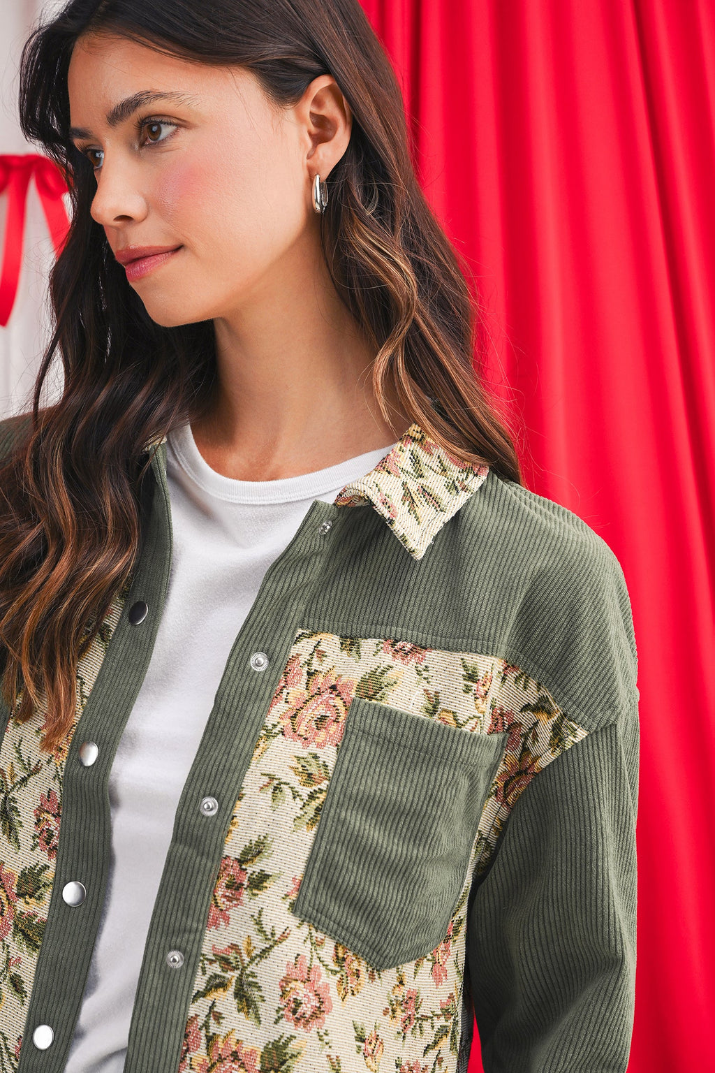 Clay Ribbed Retro Floral Patchwork Jacket