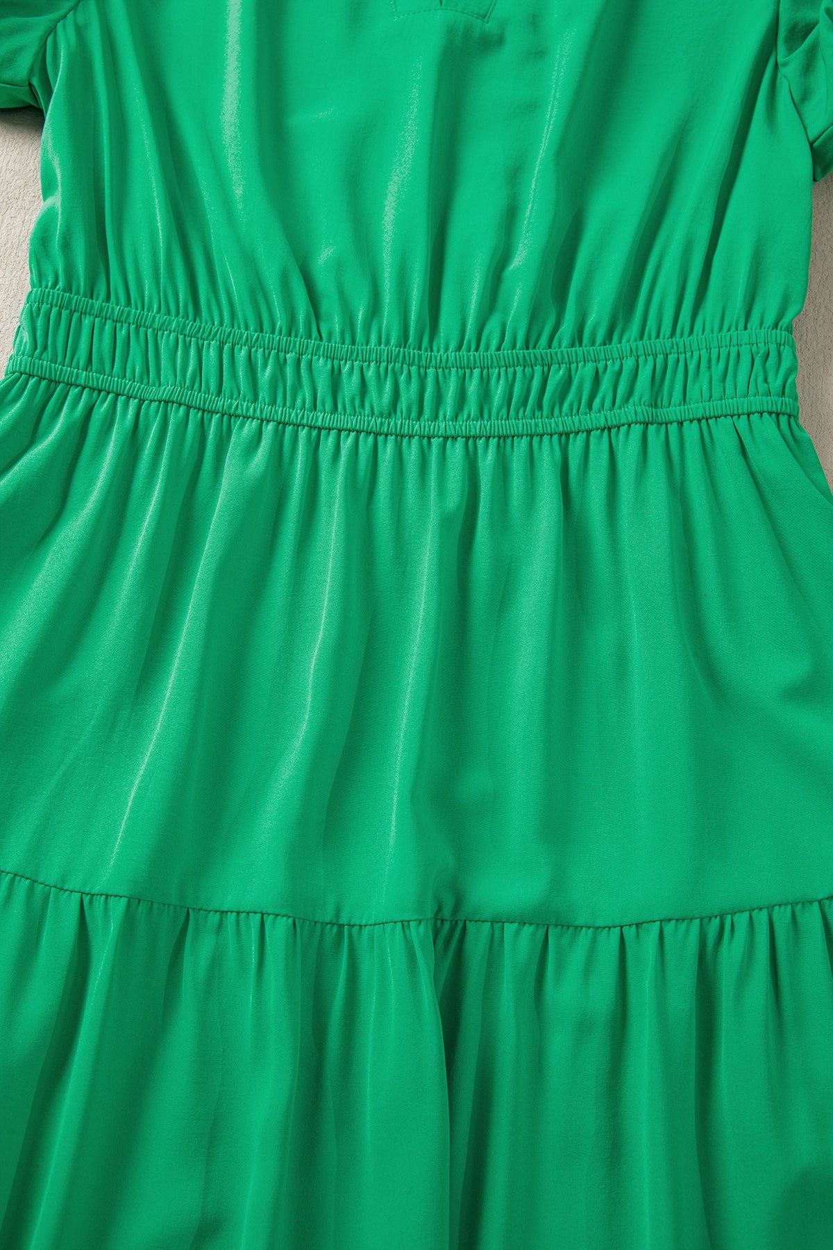 Bright Green Solid Color V Neck Short Puff Sleeve High Waist Tiered Maxi Dress