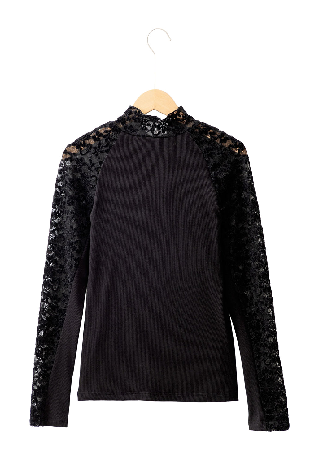 Smoke Gray Floral Lace Patchwork Long Sleeve High Neck Slim Top
