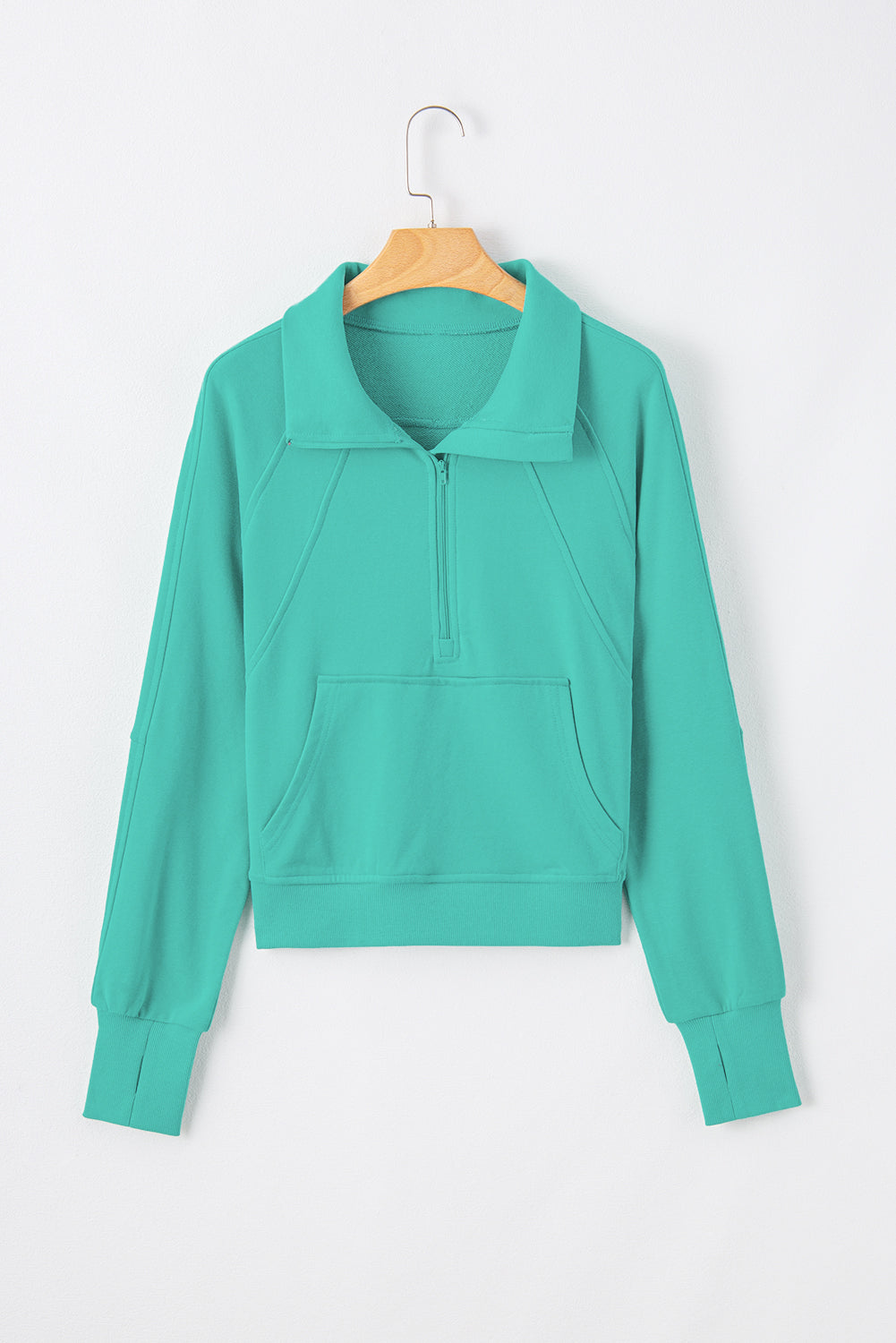Smoke Green Quarter Zip Stand Neck Kangaroo Pocket Sweatshirt
