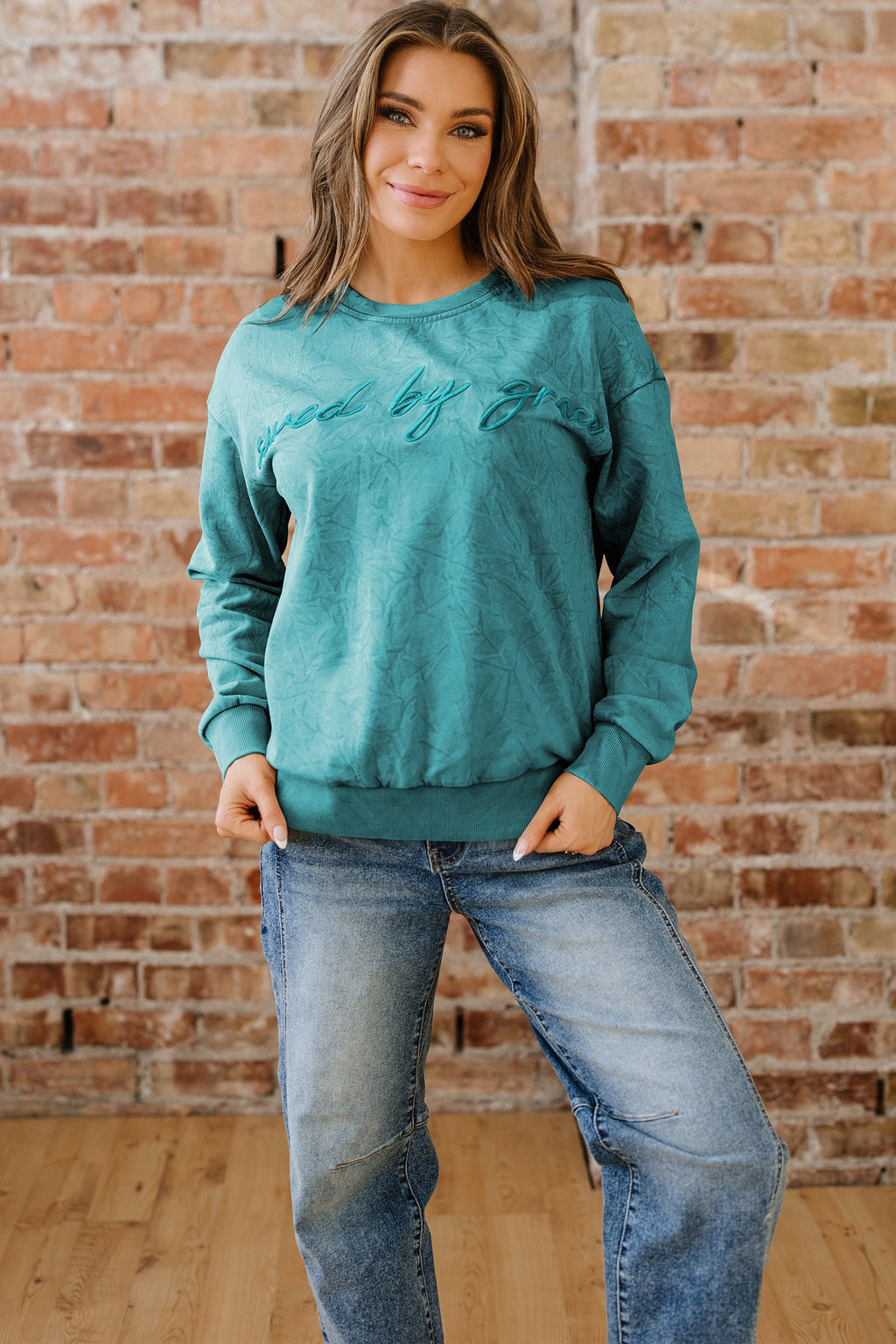 High-rise saved by grace Letter Embroidery Mineral Wash Loose Sweatshirt