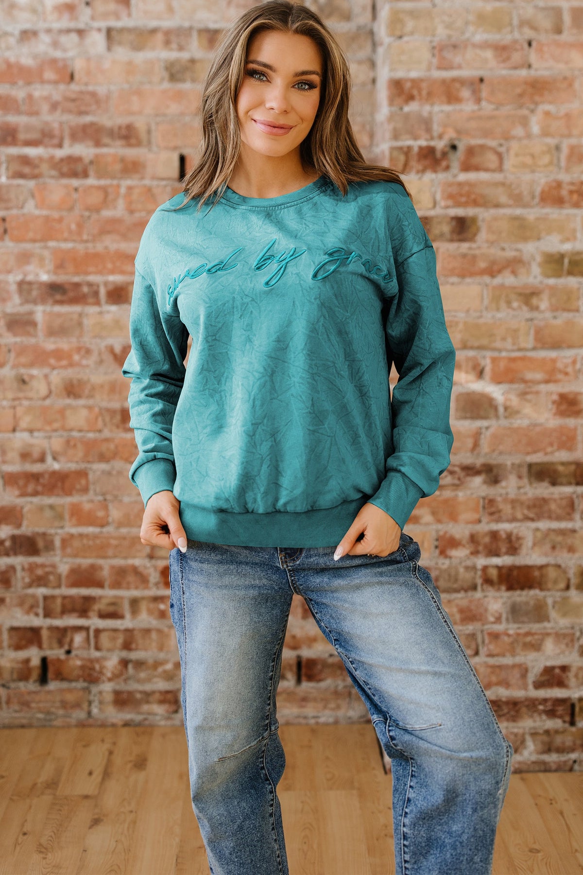 High-rise saved by grace Letter Embroidery Mineral Wash Loose Sweatshirt