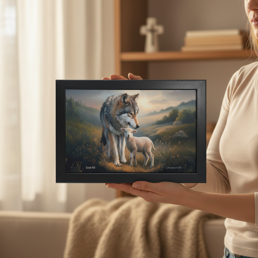 Framed- Wolf and Lamb, Christian Wall Art, Black Framed Canvas Print, Isaiah 11:6