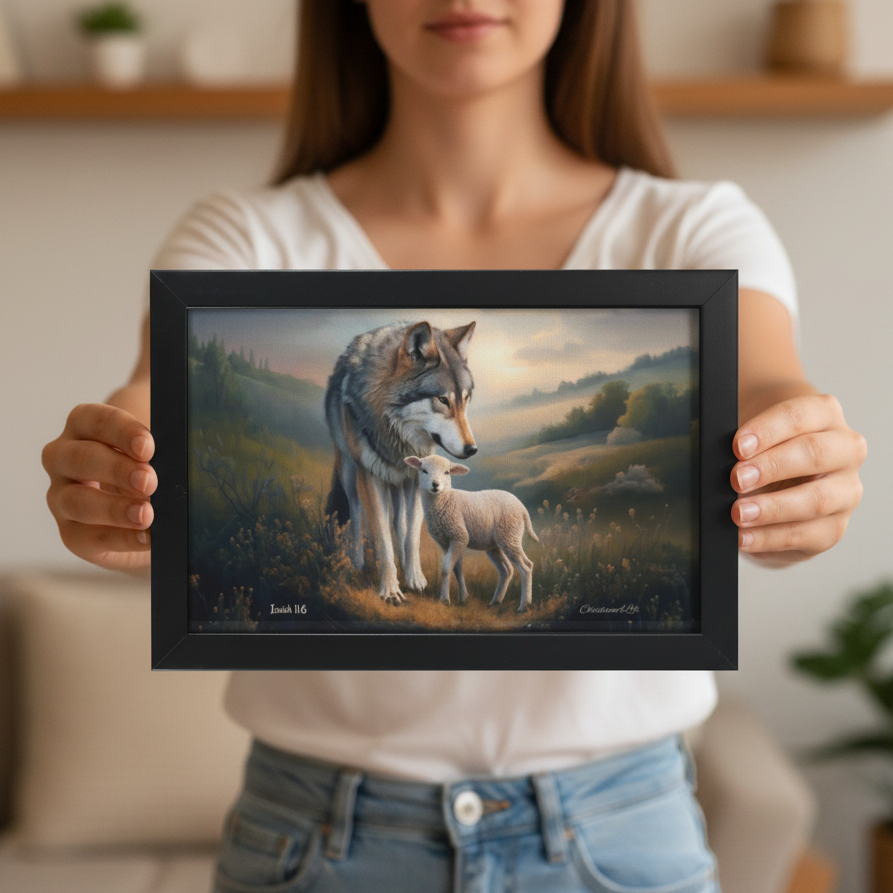 Framed- Wolf and Lamb, Christian Wall Art, Black Framed Canvas Print, Isaiah 11:6