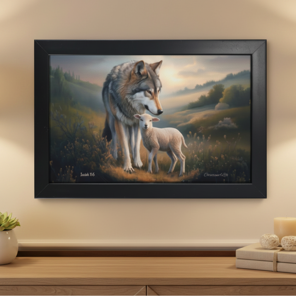 Framed- Wolf and Lamb, Christian Wall Art, Black Framed Canvas Print, Isaiah 11:6