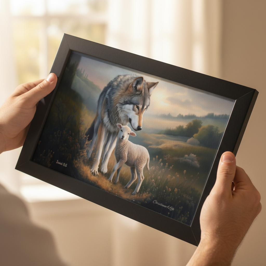 Framed- Wolf and Lamb, Christian Wall Art, Black Framed Canvas Print, Isaiah 11:6