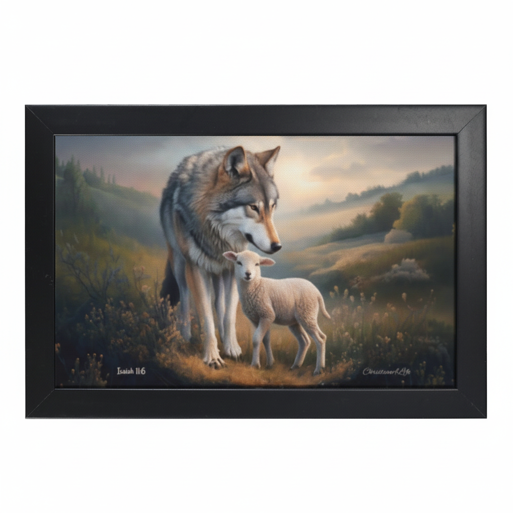 Framed- Wolf and Lamb, Christian Wall Art, Black Framed Canvas Print, Isaiah 11:6