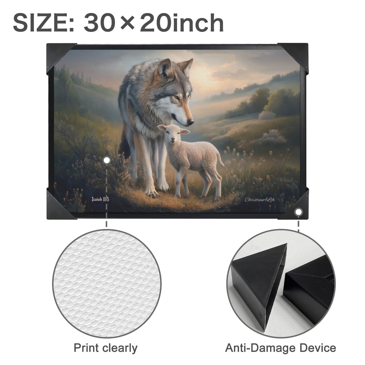 Framed- Wolf and Lamb, Christian Wall Art, Black Framed Canvas Print, Isaiah 11:6