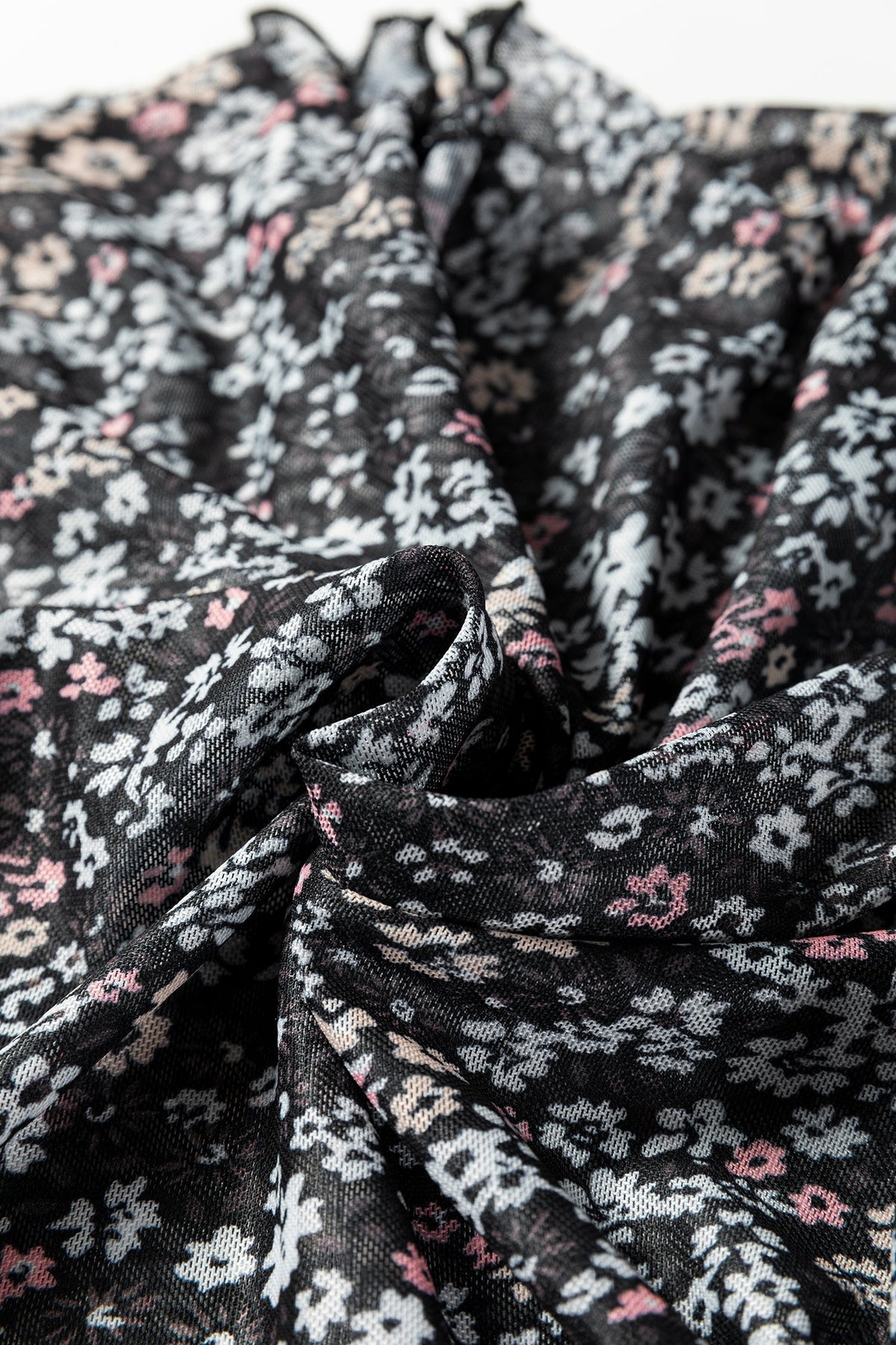 Black Ditsy Floral Mesh Thumbhole Sleeve Slim Fit Top