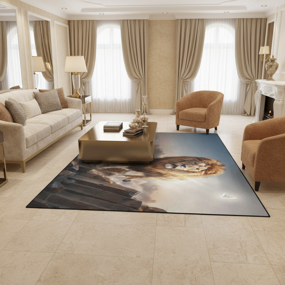 Lion of Judah and the Holy Spirit Area Rug with Black Binding 84"x60"