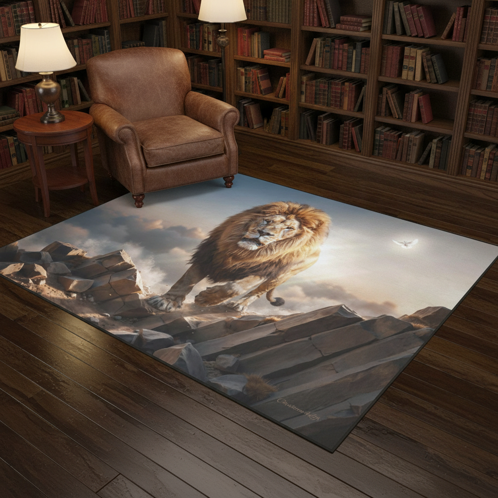 Lion of Judah and the Holy Spirit Area Rug with Black Binding 84"x60"