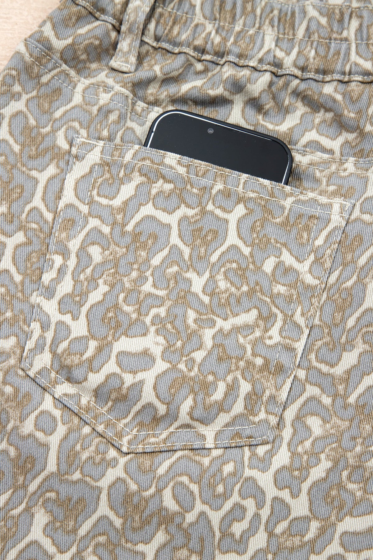 Khaki Raw Edge Leopard Print Denim Shorts