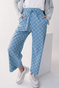 Khaki Tie Elastic Waist Checkered Loose Pants