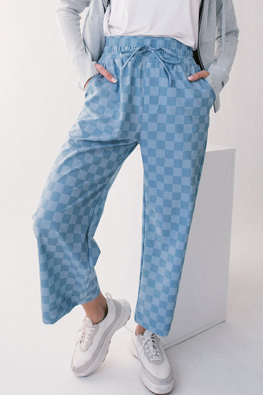 Khaki Tie Elastic Waist Checkered Loose Pants