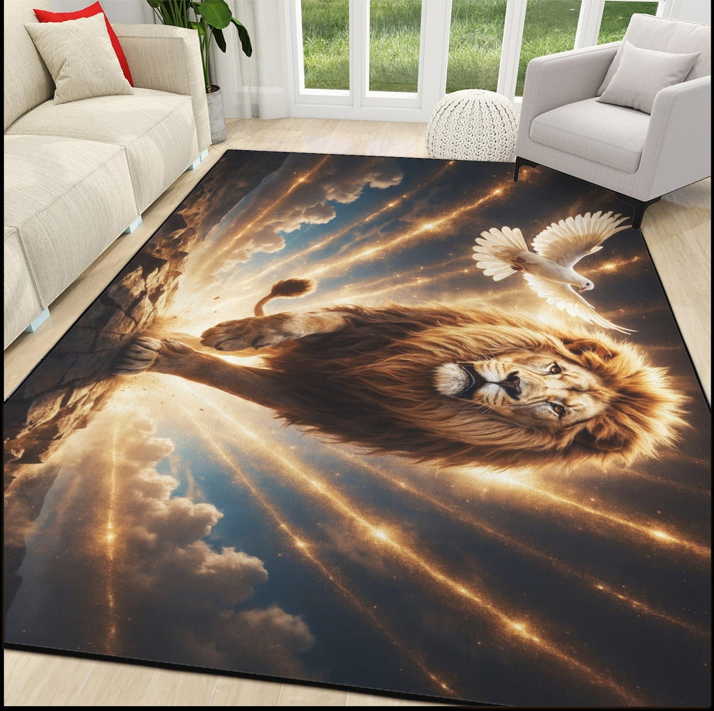 Lion of Judah and the Holy Spirit -Golden Rays and Clouds Area Rug with Black Binding (84"x60")