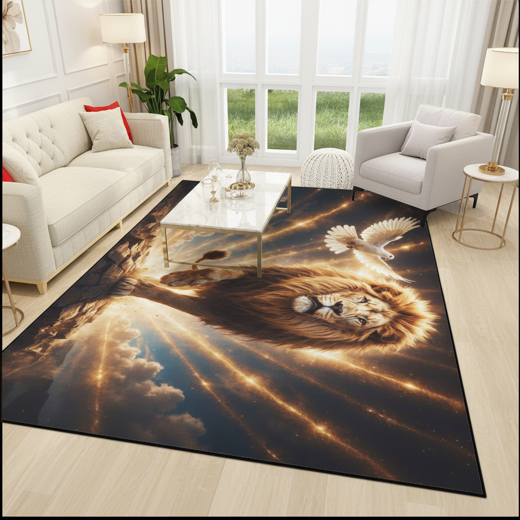Lion of Judah and the Holy Spirit -Golden Rays and Clouds Area Rug with Black Binding (84"x60")