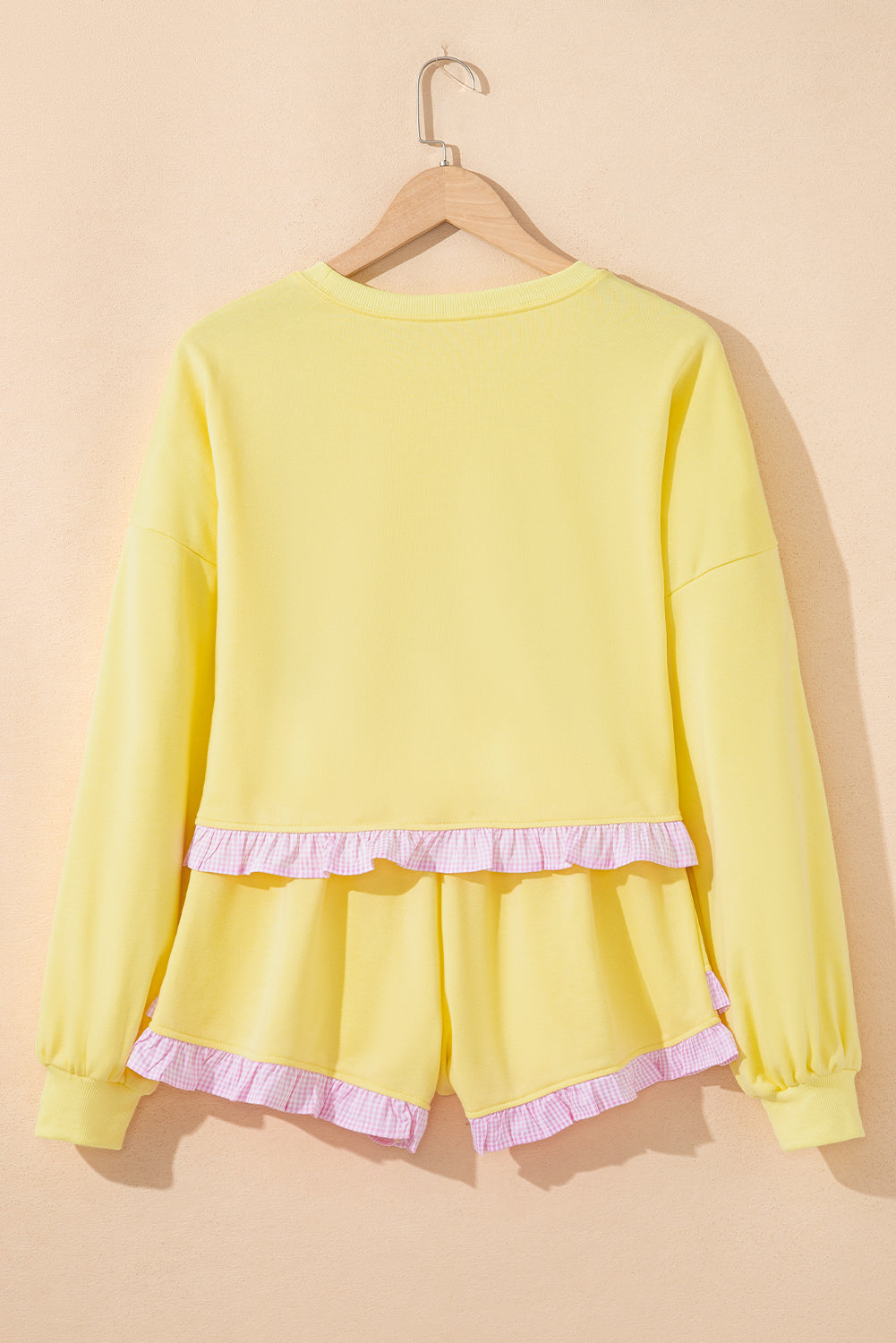 Yellow Cream Plaid Ruffled Patchwork Drop Shoulder Pullover and Drawstring Elastic Waist Shorts Matching Set