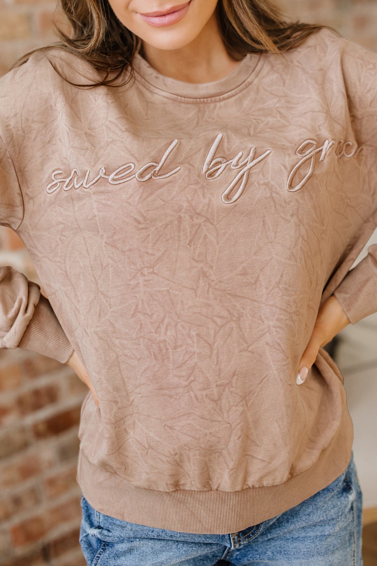 High-rise saved by grace Letter Embroidery Mineral Wash Loose Sweatshirt