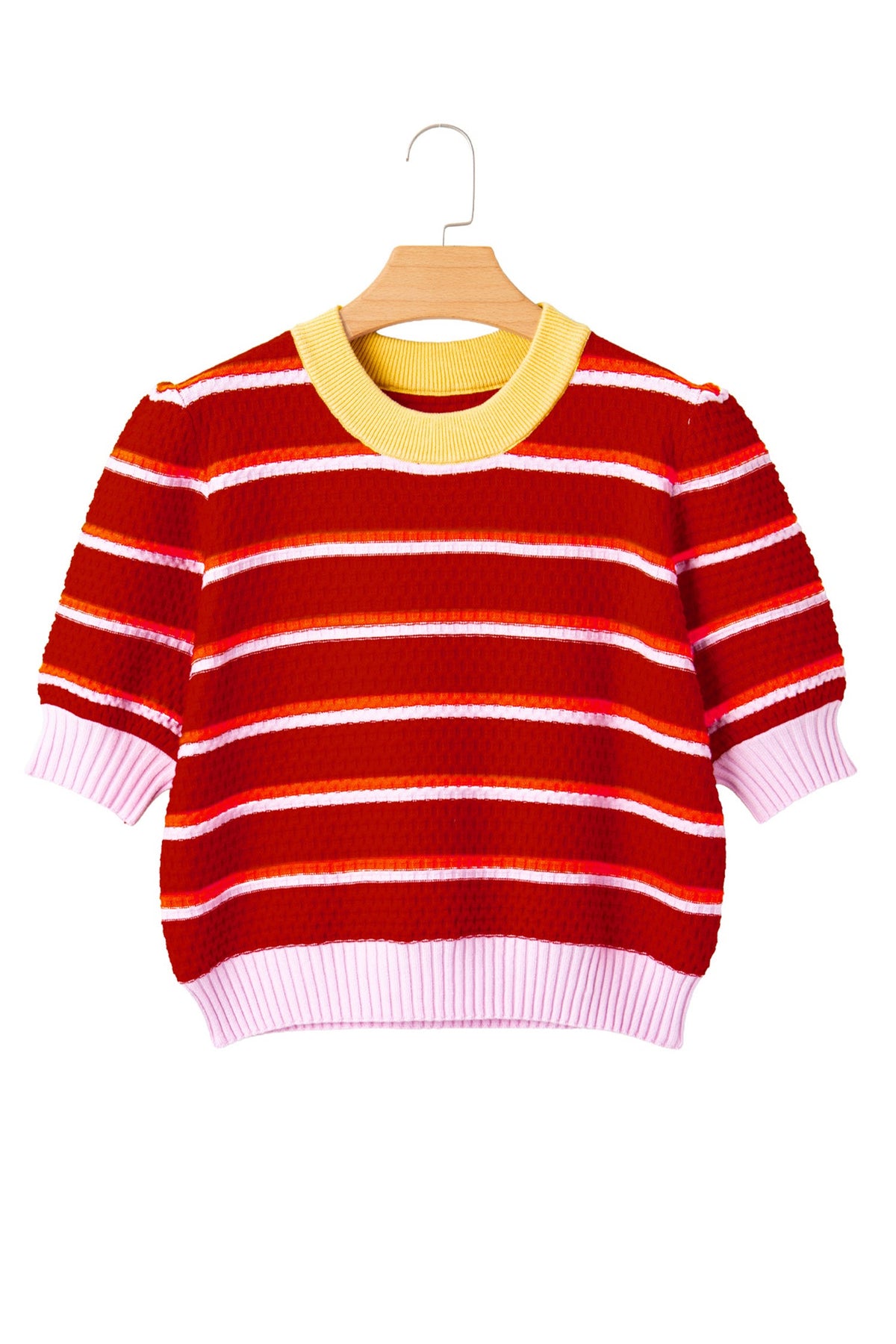 Red Stripe Colorblock Trim Half Sleeve Sweater Top