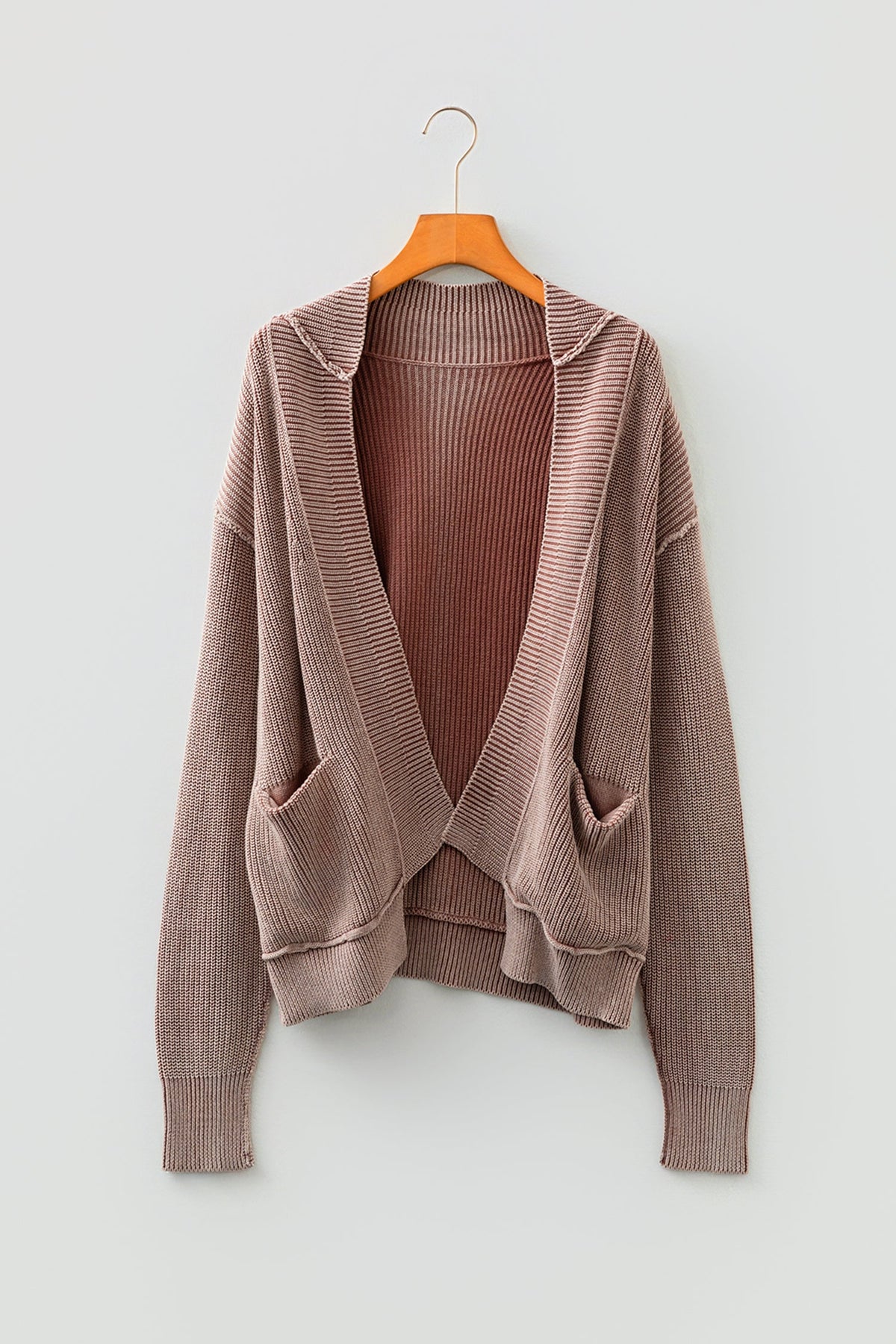 Chestnut Mineral Wash Exposed Seam Patchwork Knit Open Sweater Cardigan
