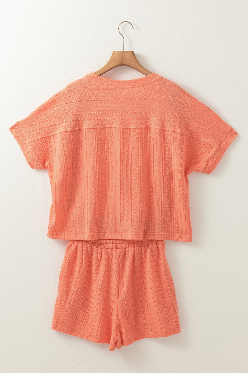 Jet Stream Textured Patched Pocket Short Sleeve Top Drawstring Shorts Set