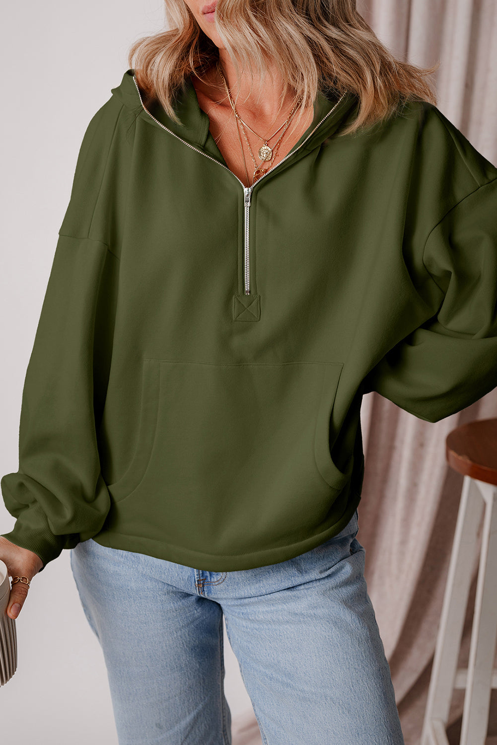 Orange Half Zipper Kangaroo Pockets Drop Shoulder Hoodie