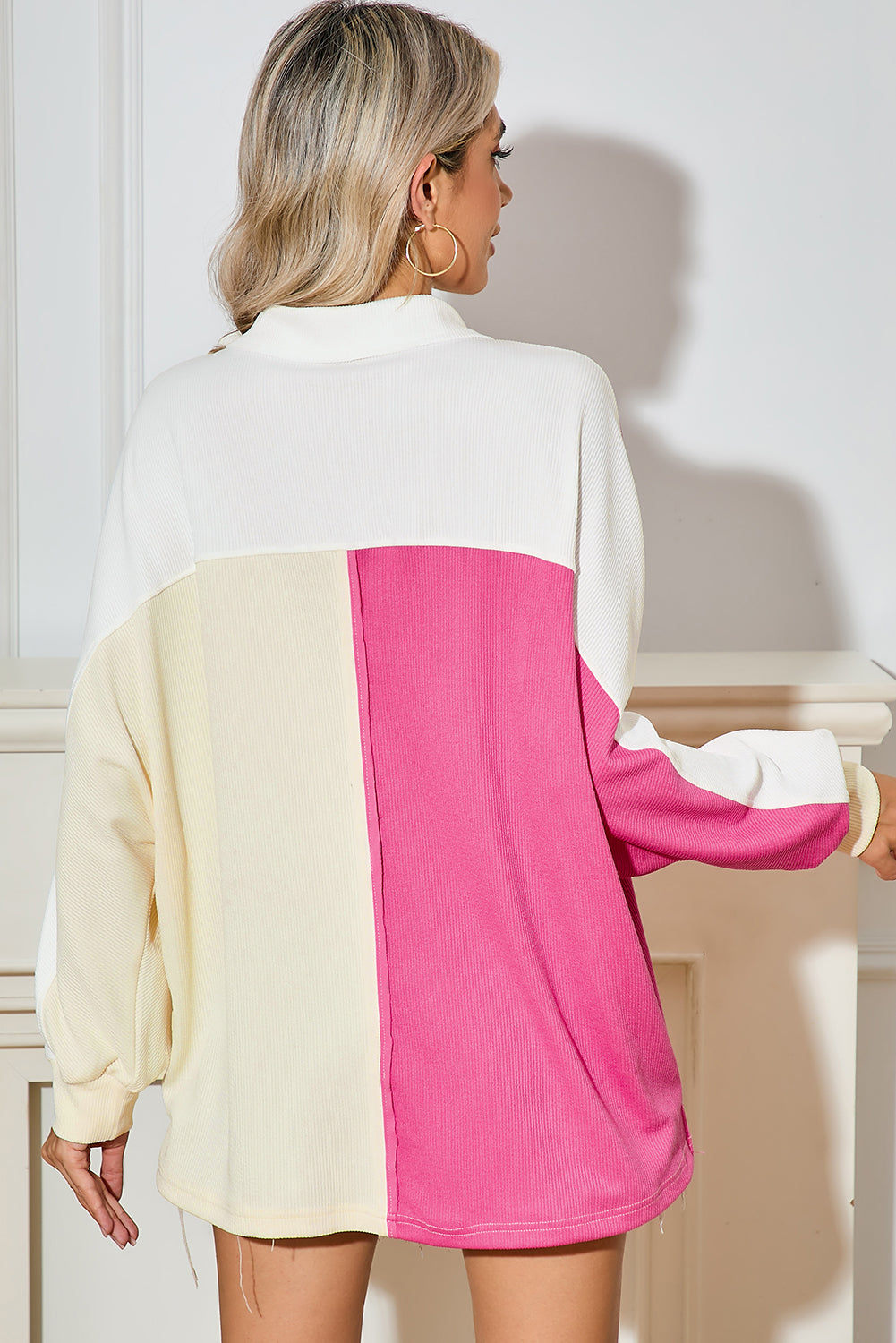Gray Colorblock Patchwork Ribbed Oversized Henley Sweatshirt