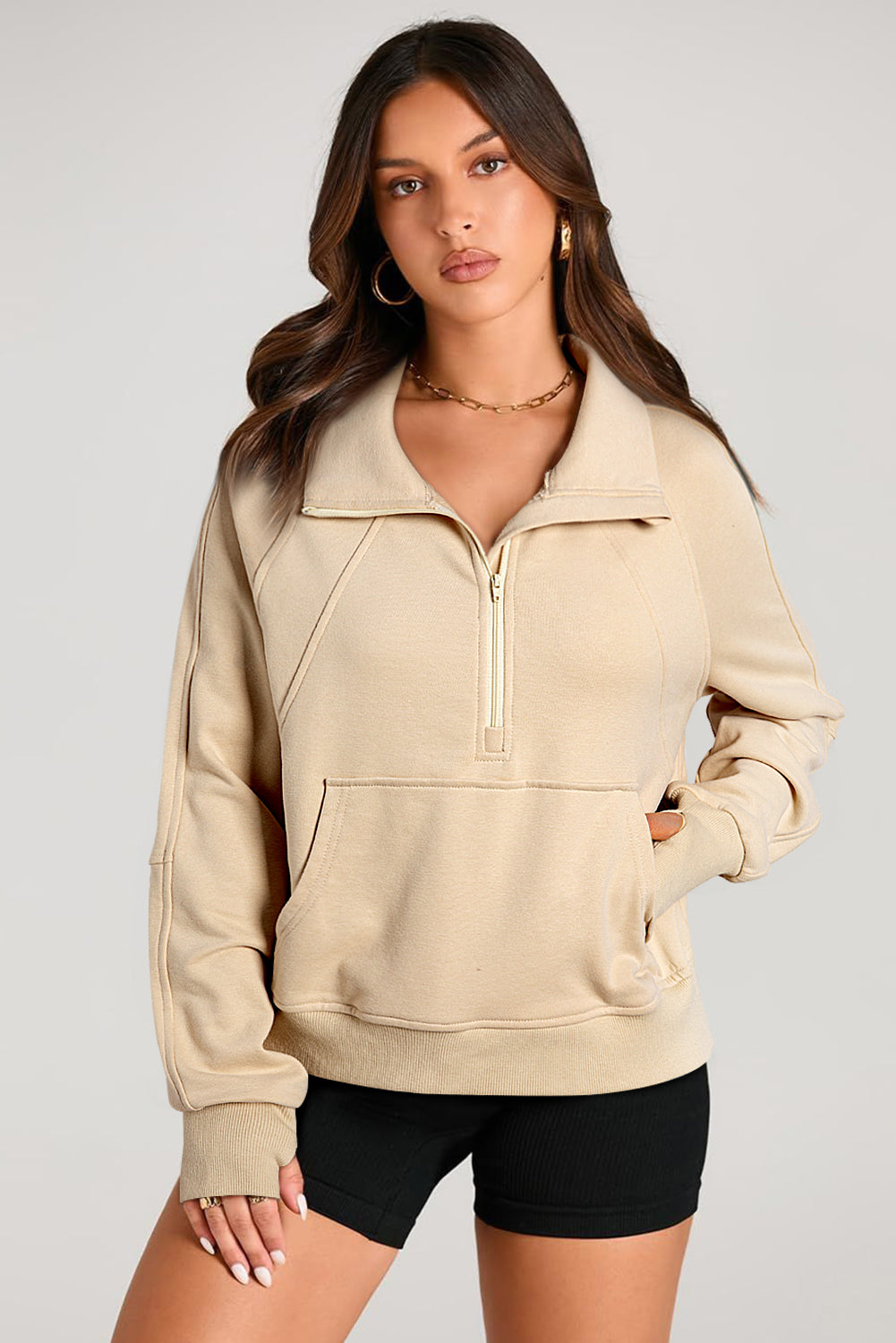 Smoke Green Quarter Zip Stand Neck Kangaroo Pocket Sweatshirt