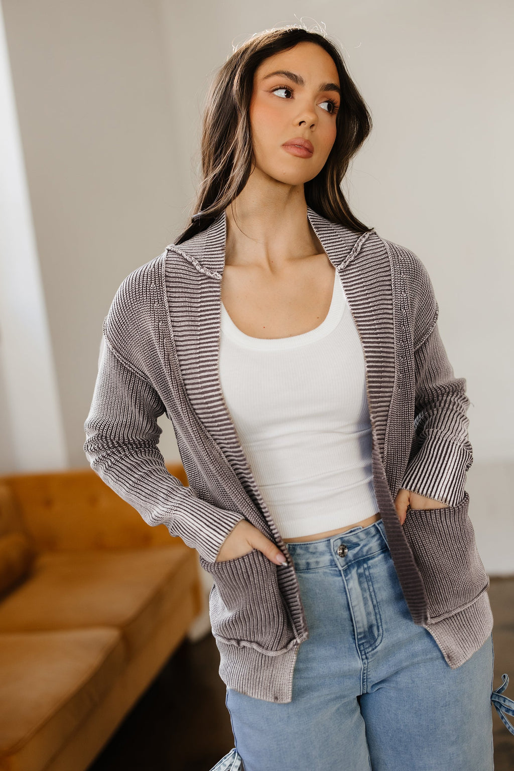 Chestnut Mineral Wash Exposed Seam Patchwork Knit Open Sweater Cardigan