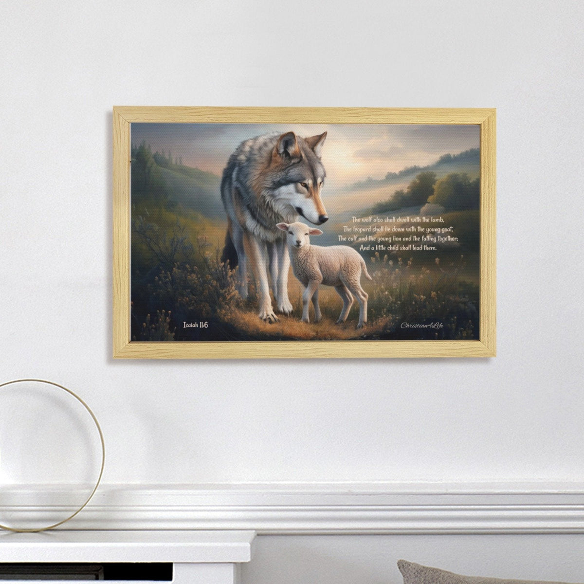 Framed - Wolf and Lamb with Isaiah 11:6 Quote, Christian Canvas, Wooden Frame