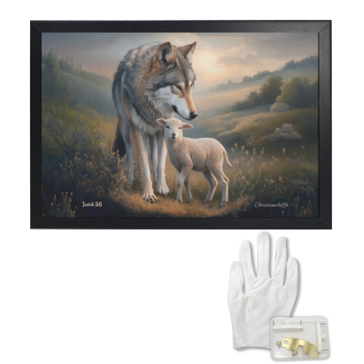 Framed- Wolf and Lamb, Christian Wall Art, Black Framed Canvas Print, Isaiah 11:6